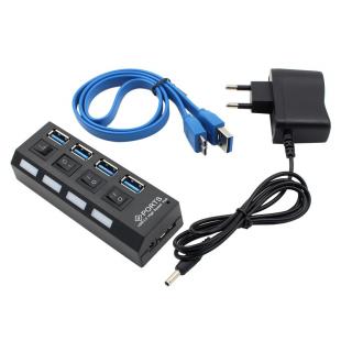 USB 3.0 HUB rozbočovač nabíjecí stanice kabel adaptér s vypínačem univerzální redukce Garmin Fenix nabíječka 4x port + kabel + 220V adaptér