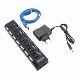 USB 3.0 HUB rozbočovač nabíjecí stanice kabel adaptér s vypínačem univerzální redukce Garmin Fenix nabíječka 7x port + kabel + 220V adaptér