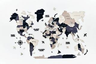 B2B Dřevěná mapa světa na stěnu, 3D Barva: Černá, Velikost: M