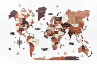 B2B Dřevěná mapa světa na stěnu, 3D Barva: Hnědá, Velikost: M
