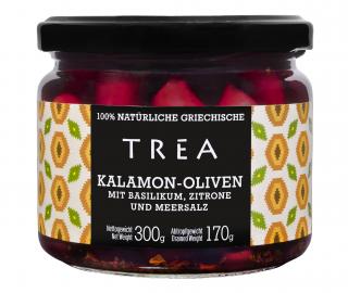 TREA Černé řecké Kalamon olivy s bazalkou, citrónem a mořskou solí 300/170g