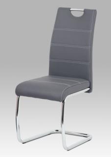 Autronic - Jídelní židle, potah šedá ekokůže, bílé prošití, kovová pohupová podnož, chrom - HC-481 GREY