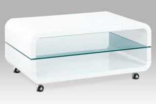 Autronic - Konferenční stolek 90x60x40, MDF bílý vysoký lesk, čiré sklo, pojezd - AHG-611 WT