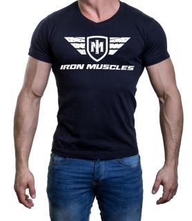 Tričko s V-výstřihem IRON MUSCLES Barva: Namořnická modrá, Logo: velké, Velikost: S