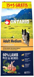 Ontario Adult Medium Lamb & Rice 15+5 kg zdarma