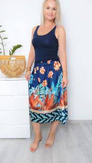 Modrá saténová midi sukně se vzorem