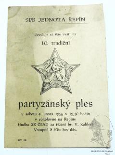 Pozvánka na partyzánský ples 1956 - Řepín okres Mělník