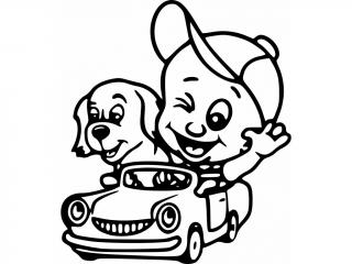 Samolepka kluk se psem v autíčku  jméno nebo text zdarma Barva: Bílá, Rozměry samolepky ( šířka x výška ): 10,4 x 12 cm