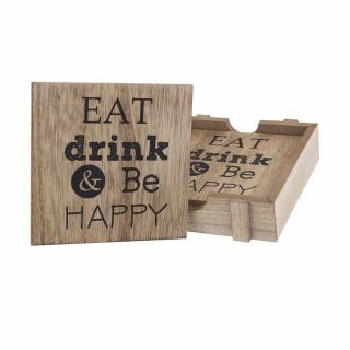 Dřevěné podtácky v krabičce 4ks – Eat, drink and be happy