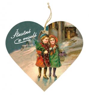 Dřevěné srdce Vánoce - Děti u kostela - posl. 9ks