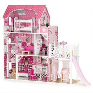 Dřevěný domeček pro panenky s výtahem a skluzavkou