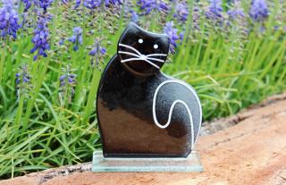 Skleněná dekorativní sedící kočka - černá