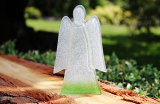 Skleněný svícen anděl 14cm - bílo-zelený