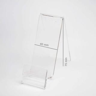 Plexi Stojánek vertikální pro telefon s místem pro cenovku