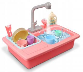 Dětský dřez s tekoucí vodou a nádobím Wash Up růžový