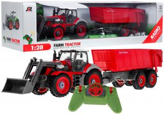 Traktor na dálkové ovládání s červenou vlečkou Red Farmer 1:28