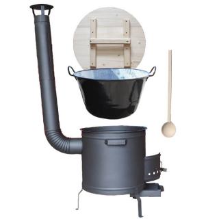 KESSEL kotel zabíjačkový smalt 100 l, KESSEL speciální žáruvzdorná kotlina PLUS 600 °C 60 cm, KESSEL poklice dřevo, KESSEL vařečka 100 cm ZABÍJAČKA