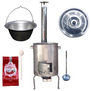 KESSEL kotlík na guláš 1,5 mm nerez 20 l, KESSEL kotlina nerez 1,5 mm STRONG EXCLUSIVE průměr 39 cm, poklice nerez 46 cm INOX, naběračka 350 ml, vařečka 50 cm, Sladká paprika GURMÁN 50 g