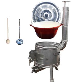 KESSEL kotlík na guláš litina smalt 16 l 10,8 kg, KESSEL kotlina nerez TOP LUX výška 119 cm, průměr 36 cm, KESSEL poklice nerez 41 cm INOX, KESSEL naběračka 350 ml a vařečka 50 cm TOP LUX
