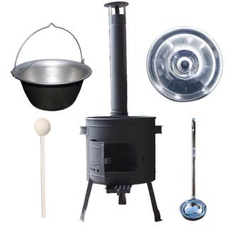 KESSEL kotlík na guláš matný nerez 15 l 1,5 mm, KESSEL speciální žáruvzdorná kotlina PLUS 600 °C 36 cm, KESSEL poklice nerez 41 cm INOX, KESSEL naběračka 350 ml a vařečka 50 cm SUPER PARTY