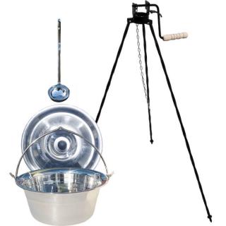 KESSEL kotlík na guláš nerez 20 l 0,8 mm, Koš na maso 18 l, KESSEL teleskopická trojnožka 93 cm - 170 cm na kotlík, KESSEL poklice nerez 46 cm INOX