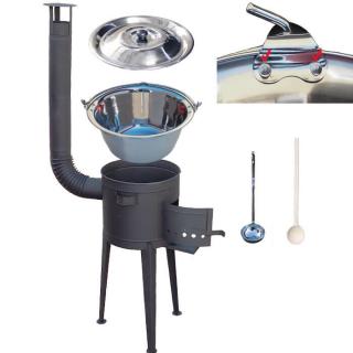 KESSEL kotlík na guláš nerez 20 l INOX 0,8 mm s nýty, KESSEL speciální žáruvzdorná kotlina vysoká PLUS 600 °C 42 cm, KESSEL poklice nerez 48 cm INOX, KESSEL naběračka 350 ml a vařečka 50 cm SUPER PARTY