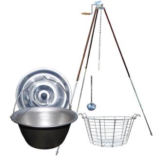 KESSEL kotlík na guláš nerez 30 l 1,5 mm, Koš na maso 18 l, KESSEL teleskopická trojnožka 93 cm - 170 cm na kotlík, KESSEL poklice nerez 48 cm INOX
