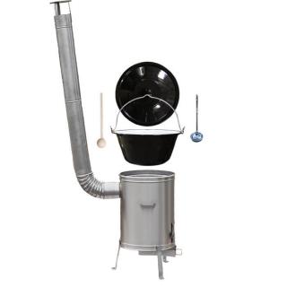 KESSEL kotlík na guláš smalt 1,2 mm 30 l, poklice smalt 49 cm, KESSEL kotlina nerez 45 cm LUX, vařečka 50 cm SMREK, naběračka nerez INOX