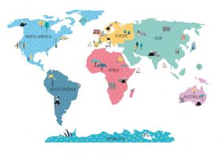 Samolepka na zeď Mapa světa barevná (3 velikosti)