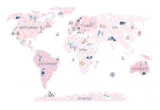 Samolepka na zeď Mapa světa růžová (3 velikosti)