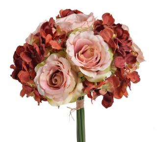 Umělá kytice z růží a hortenzií 24 cm cihlová