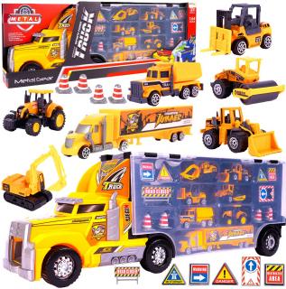 Nákladní auto se 6 stavebními stroji, kamiónem a skluzavkou Yellow Truck