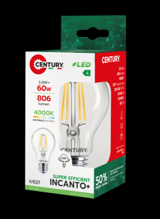 CENTURY LED FILAMENT HRUŠKA ČIRÁ 3,8W E27 4000K 806lm energetická třída A