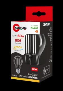 CENTURY LED FILAMENT HRUŠKA ČIRÁ 7,5W E27 2700K 806lm bílé vlákno