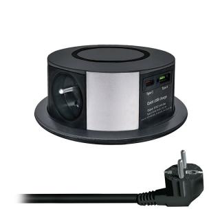 Solight 3z + USB A+C + Wireless 10W výsuvný blok zásuvek, kruhový tvar, prodlužovací přívod 2m,  3 x 1,5mm2