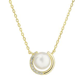 Evolution Group CZ Pozlacený stříbrný náhrdelník s bílou říční perlou 22039.1 Au plating