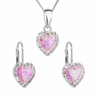 Evolution Group CZ Sada šperků se syntetickým opálem a krystaly Preciosa náušnice a přívěšek světle růžové srdce 39161.1