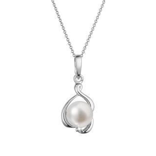 Zlatý, 14-karátový náhrdelník bílé zlato s bílou říční perlou a briliantem 82PB00052