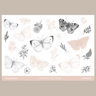 samolepky malované neutrální motýli a kvítky