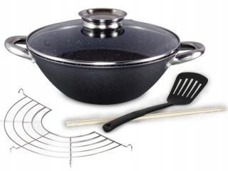 Kamille litinová wok pánev 3l / 26cm, indukce (rošt, obracečka, čínské hůlky)