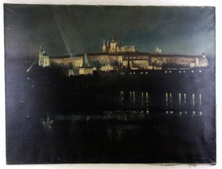 Olej na platně Noční Praha Pražský hrad v noci Hradčany Adolf Seidl