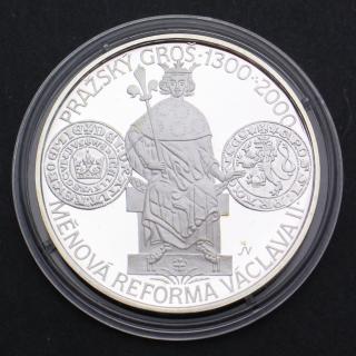 Stříbrná pamětní mince 200 Kč PRAŽSKÝ GROŠ 1300-2000 měnová reforma Václava II. PROOF