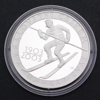 Stříbrná pamětní mince 200 Kč SVAZ LYŽAŘŮ V KRÁLOVSTVÍ ČESKÉM 1903-2003 PROOF