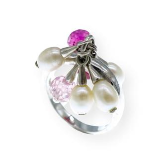 Stříbrný prstýnek růžovými kamínky a perleťovými kamínky