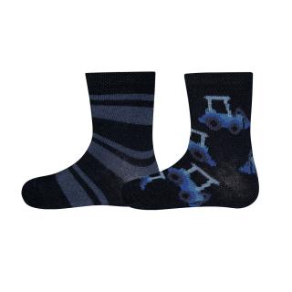 Ewers Dětské ponožky 2ks - Stavební stroje + proužek - modré - 205140 - vel. 17/18 (vel. 17/18, 2ks v balení)