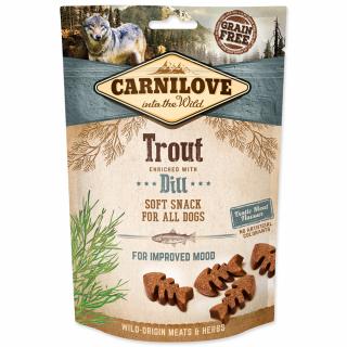 CARNILOVE Dog Semi Moist Snack Trout&Dill 200g  Lahodný poloměkký pamlsek ze pstruha s medvědím česnekem pro zlepšení nálady, ale i jako repelentní…