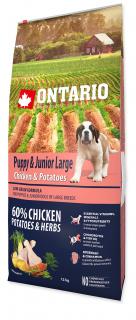 ONTARIO Puppy & Junior Large Chicken & Potatoes & Herbs 12kg  + dárek Hovězí masové paté 300g ZDARMA+2,25kg granulí navíc