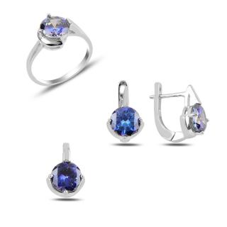 Luxusní sada s barevnými zirkony - prsten, náušnice a přívěsek - tmavě modrá