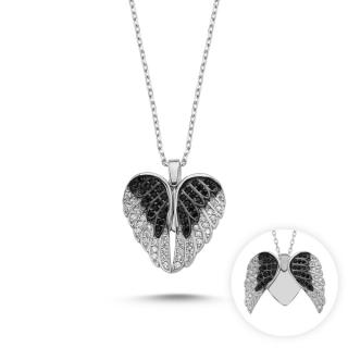 Luxusní stříbrný přívěsek otevírací andělská křídla s řetízkem černá