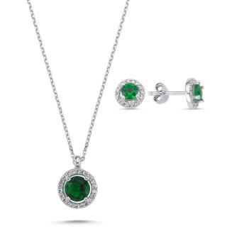 Stříbrná sada šperků kolečka zelený kámen - náušnice, náhrdelník